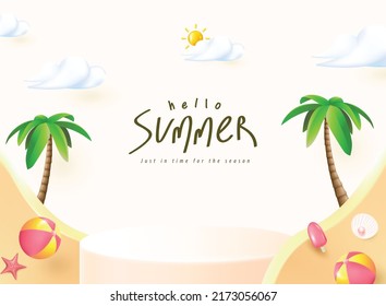 Summer sale poster banner template for promotion with product display cylindrical shape and beach background