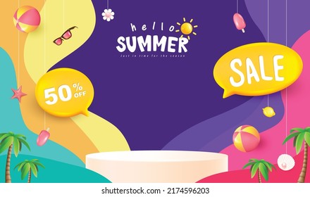 Summer sale poster banner template with product display cylindrical shape and beach background