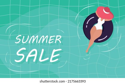 Cartel y pancarta de la venta de verano con las flotas de la piscina redonda de Mujeres en el fondo de la piscina de baldosas. Banner de venta Diseño para verano en estilo de piso. Plantilla de promoción y compras para el verano