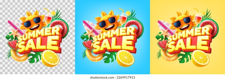 Summer Sale poster or banner template with Happy Sun in sunglasses , Float and tropical palm leaf on transparent,Blue and yellow background.Sale banner Design for Summer.