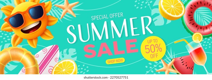 Summer Sale poster and banner template with Sun in sunglasses , Colorful Float and tropical palm leaf Background.Sale banner Design for Summer. Promotion and shopping template