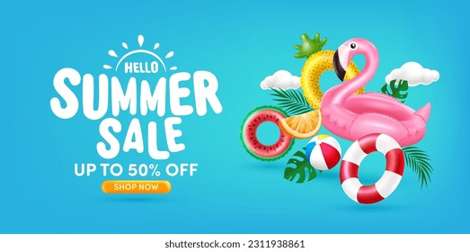 Summer Sale poster or banner template With Pink Flamingo Pool Float,Fruit Pool Floats and Summer element on blue background.Promotion and shopping template for Summer season