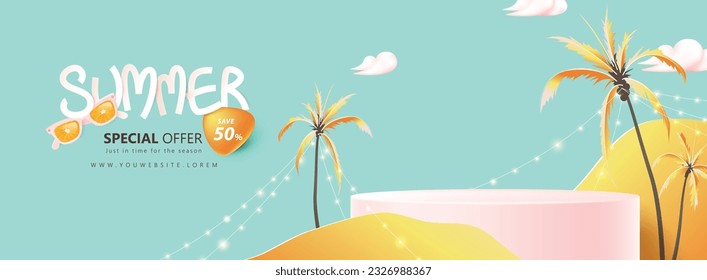 Summer sale poster banner template for promotion with product display cylindrical shape and summer beach scene design background