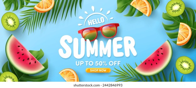 Póster de venta de verano o plantilla de banner con gafas de sol de colores, rebanadas de sandía, fruta naranja y kiwi en hojas tropicales y fondo azul. Plantilla de promoción y compras para la temporada de verano