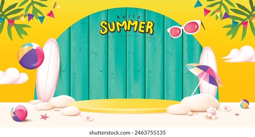 Summer sale poster banner template with product display podium and Blue Plank beach party background