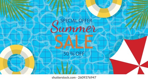 Summer Sale Poster and Banner Template on Tile Pool Water.