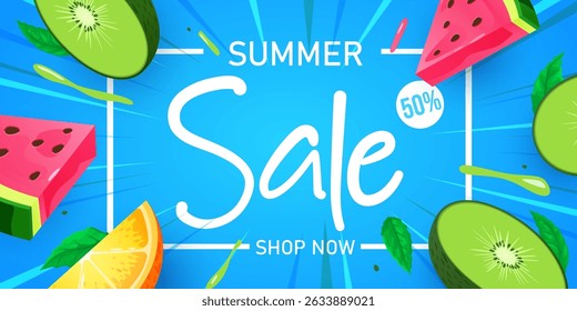 Summer Sale poster or banner template with Colorful slices of Watermelon, Orange and Kiwi fruit. Promotion and shopping template for Summer season. Vector illustration