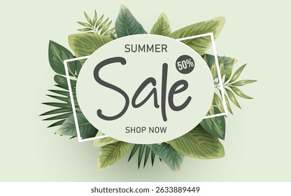Summer Sale poster ou modelo de banner com folhas Tropical. Promoção e modelo de compras para a temporada de verão. Ilustração vetorial