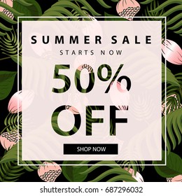 Summer Sale poster. Summer Sale banner template with tropical palm leaves and flowers.Vintage poster design.Vector illustration.