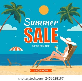 Summer sale poster, banner. Tropical landscape with a young woman in chaise lounge on the beach. Vector illustration in flat design style. Summer vacation, travel and seasonal sale concept.