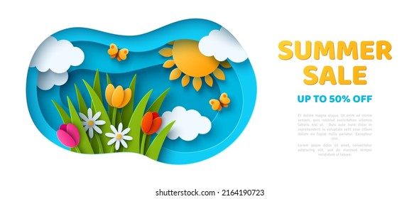 Summer sale poster, banner or voucher template, tulips daisy in grass, sun and paper cut clouds. Place for text. Mother's day frame design, promo card. Vector illustration