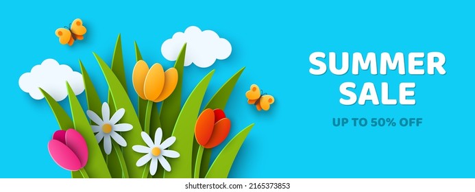 Summer sale poster, banner or voucher template, tulips daisy in grass, sun and paper cut clouds. Place for text. Mother's day border, birthday frame design, promo card. Vector illustration