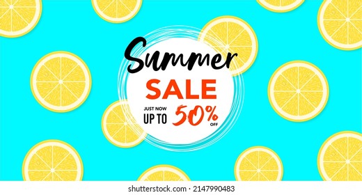 Summer Sale Poster Or Banner. White Circle With Text Summer Sale And Lemons Pattern Background