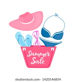 Summer sale poster with beach bag, swimsuit, sunglasses, hat and slippers.