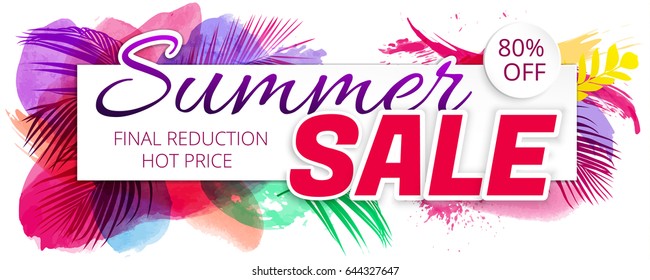 Summer sale poster with beautiful, bright tropical leaves.Summer hot sale. A large summer sale poster, advertising, booklet. Vector illustration with isolated design elements