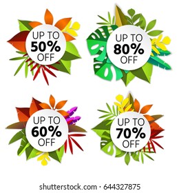 Summer sale poster with beautiful, bright tropical leaves.Summer hot sale. A large summer sale poster, advertising, booklet. Vector illustration with isolated design elements