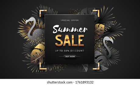 Summer sale poster with black and gold tropic leaves and flamingo on dark background.