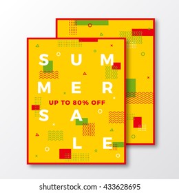 Summer Sale Poster, Card or Flyer Template. Modern Abstract Flat Swiss Style Background with Decorative Stripes, Zig-Zags and Minimal Typography. Bright Red Yellow Green Colors. Soft Shadows. Isolated