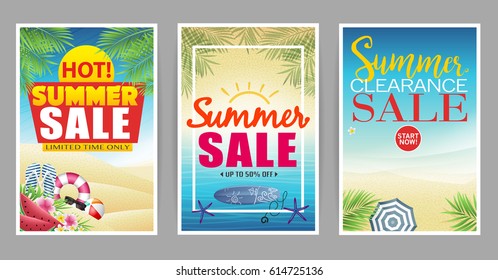 Summer Sale Poster with Colorful and Creative Beach Background Vector Illustration
