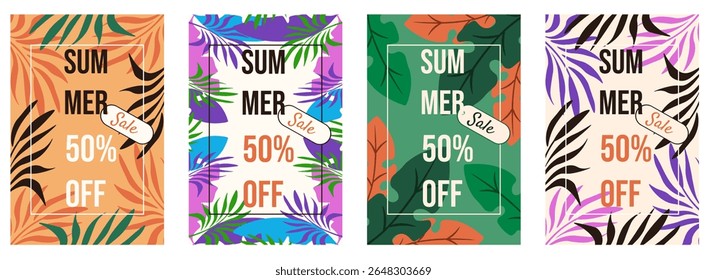 Summer Sale poster cover set. Vector illustration of abstract Summer plants background with Sale typography. Sale poster collection with palm leaves green plants. EPS 10 