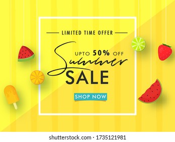Summer Sale Poster Design with 50% Discount Offer, Hanging Watermelon Slice, Lemon, Strawberry and Ice Cream Decorated on Yellow Striped Background.
