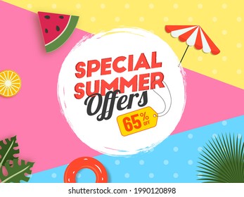 Summer Sale Poster Design With 65% Discount Offer, Fruit Slice, Umbrella, Swimming Pool On Colorful Background.