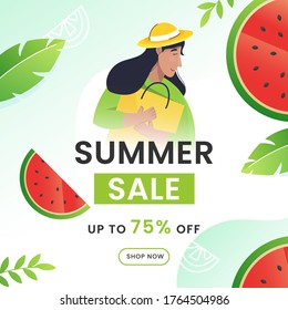 Summer Sale Poster Design with 75% Discount Offer, Young Girl holding a Shopping Bag, Watermelon Slices and Tropical Leaves Decorated Background.