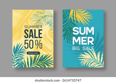Summer Sale poster design. Best offer promotion cards with tropical leaves. Simple style, halftone effect, blue and yellow colors. Vector illustration.