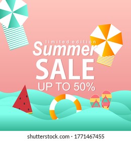 summer sale poster design for promotion and advertisement with beach background