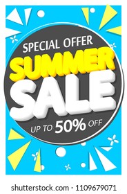 Summer Sale, poster design template, up to 50% off, special offer, vector illustration