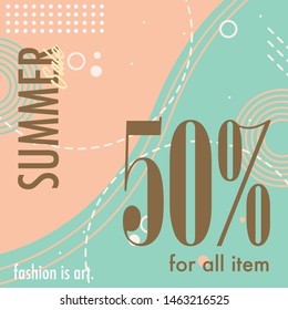 Summer sale poster design template with simple background. Vector poster with tropical leaves and text Summer Sale. Summer Sale banner with leaves for social media. Sale banner template design.