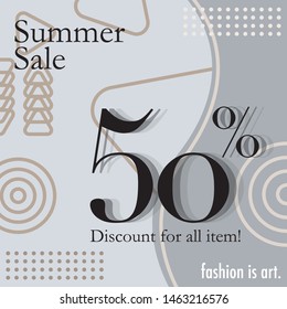 Summer sale poster design template with simple background. Vector poster with tropical leaves and text Summer Sale. Summer Sale banner with leaves for social media. Sale banner template design.