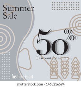 Summer sale poster design template with simple background. Vector poster with tropical leaves and text Summer Sale. Summer Sale banner with leaves for social media. Sale banner template design.