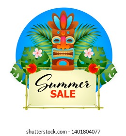 Summer sale poster design. Tiki tribal wooden mask, signboard, tropical leaves and flowers on blue background. Vector illustration can be used for labels, flyers, signs