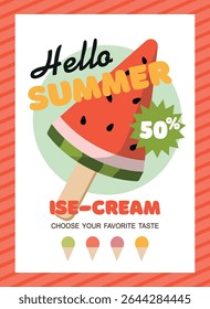 Summer sale poster design with watermelon ice-cream. Seasonal holidays, vacation travel
