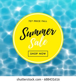 Summer sale poster for discount shopping design template. Vector sea water waves background with yellow circle and 70% promo offer for online web shop promo flyer, poster, leaflet.