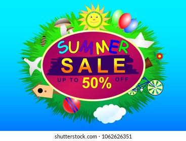 summer sale poster. Discount, sun, Bicycle, mushrooms, balloons, paper boat, bee, bird, birdhouse, ball, cloud, flower potted. Abstraction, Cartoon. Vector Illustration