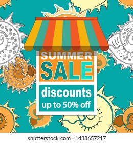 Summer sale poster and discounts up to 50%. Announcement on the background of stylized sea shells. Vector illustration