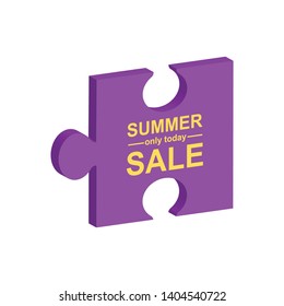 Summer sale. Sale poster element. One dimensional puzzle piece colored purple for connection concepts. Vector Illustration