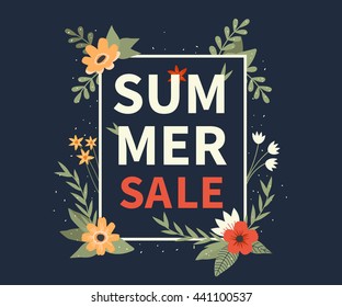 Summer Sale poster with floral elements. Vector illustration.