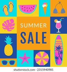 Summer sale poster in geometric style. Summertime elements background, banner, flyers design for web, shop, bar, travel. Surfboard, cocktail, beach umbrella, bikini, starfish. 