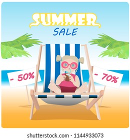 Summer sale poster with girl chilling out in the hammock drinking coconut coctail on the beach with discounts signs. 