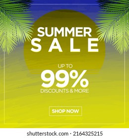 Summer Sale poster. Gradient
Oil Sunset painting concept.  Summer Sale typography. Palm leaves. Tropical. Up to 99% discounts and more, shop now button CTA. Square Format. EPS 10. Vector Illustration

