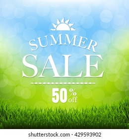 Summer Sale Poster With Grass Border, With Gradient Mesh, Vector Illustration