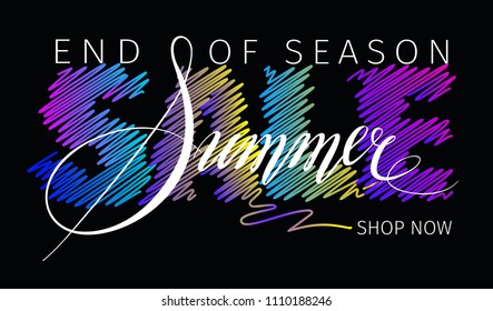 Summer sale poster with handwriting lettering. Black background with decoration colorful elements in style of embroidery for banner, poster, flyer, web.End of season Summer Sale text.
