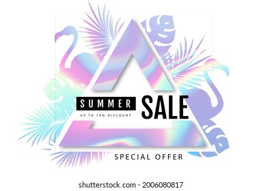 Summer sale poster with  holographic tropic leaves and flamingo. Vector illustration