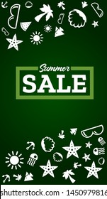 Summer sale poster with summer icons. Design template or banner, flyer, invitation or greeting card. Vector illustration on green background.