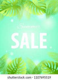 Summer sale poster layout. Shiny tropical frame with palm tree and monstera leaves. Floral jungle background with space for text. Exotic bright design. Vector illustration.