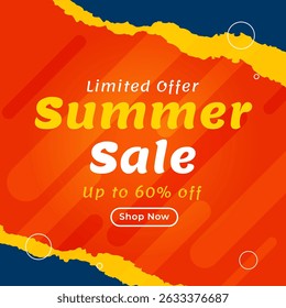 Summer Sale Poster. Limited Offer. Summer Sale Vector Banner for Website Ads with discount up to 60%. Illustration. Shop Now. up to 60% off.