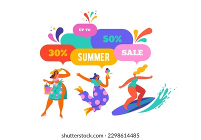 Summer sale poster, modern style characters, people at summer. Surfing, shopping and having fun at the beach